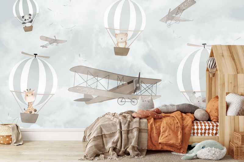 Fototapeta Dla Dzieci ZWIERZĘTA Balony Samolot Vintage 135cm x 90cm zdjęcie 6