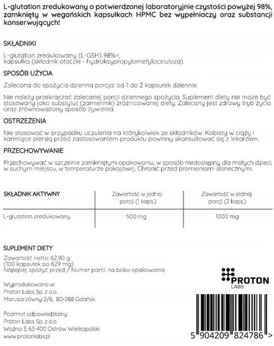 PROTON L-glutation zredukowany 98%+ PURE 500mg 100 kaps detoks oczyszczanie na Arena.pl