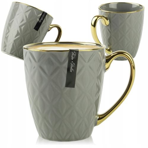 PORCELANOWY KUBEK NA KAWĘ HERBATĘ SZARY ZDOBIONY ZE ZŁOTYM UCHEM 360ML na Arena.pl