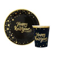 Zestaw zastawy czarny talerzyki kubeczki na sylwestra Happy New Year