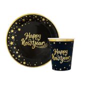 Zestaw zastawy czarny talerzyki kubeczki na sylwestra Happy New Year