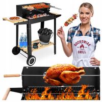 GRILL WĘGLOWY NA KÓŁKACH OGRODOWY REGULOWANY RUSZT 4 POZIOMY ROŻEN 2 PÓŁKI