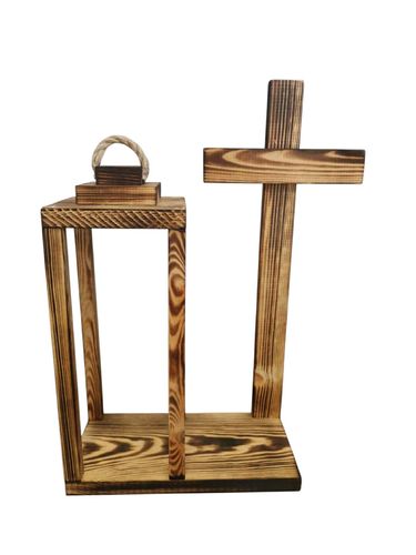 Lampion drewniany z podstawą i dużym Krzyżem 40cm Baza pod stroik Dekor nr7 na Arena.pl