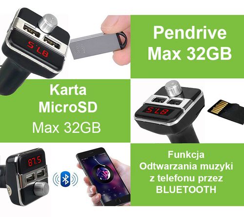Transmiter FM BLUETOOTH 2xUSB MP3 ŁADOWARKA LCD na Arena.pl