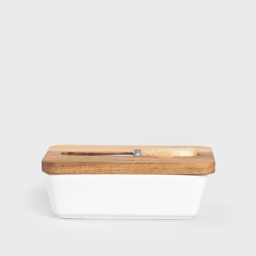 Maselniczka MOOKA porcelanowa z nożykiem i akacjową pokrywką biała na Arena.pl