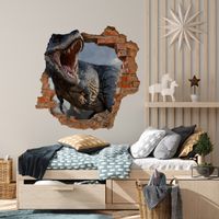 Naklejka DLA DZIECI Na Ścianę DINOZAUR Cegły Dziura 3D 80cm x 60cm