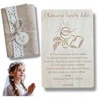 Pamiątka Pierwszej Komunii Świętej Kartka na Komunię Drewniana z Grawerem