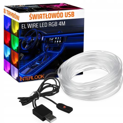 ŚWIATŁOWÓD EL WIRE LED RGB USB OŚWIETLENIE WNĘTRZA AUTA KABINY SAMOCHODU 4m na Arena.pl