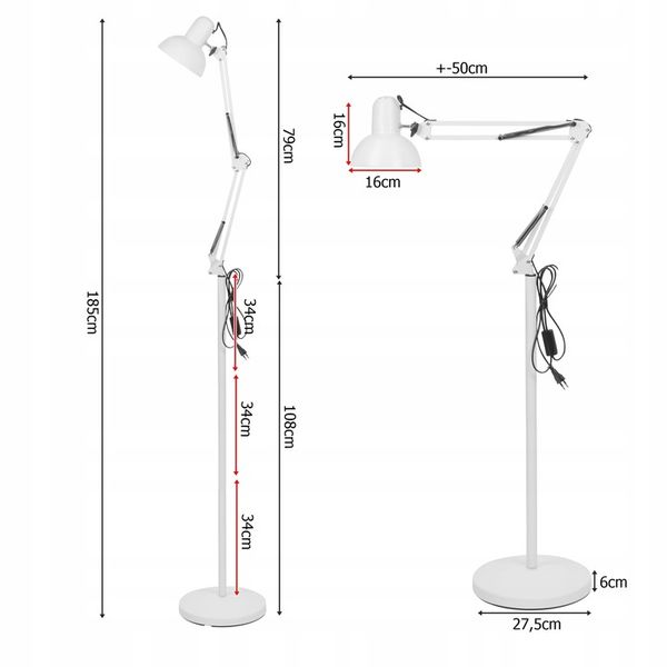 Lampa Podłogowa Stojąca Biała LED E27 Kreślarska Regulowana do zdjęcie 5