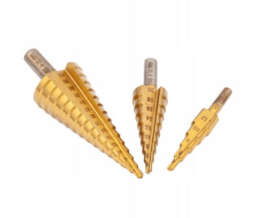 ZESTAW 3 ELEMENTOWY WIERTŁA STOŻKOWE STOPNIOWE DO METALU HSS WALIZKA S0322 na Arena.pl