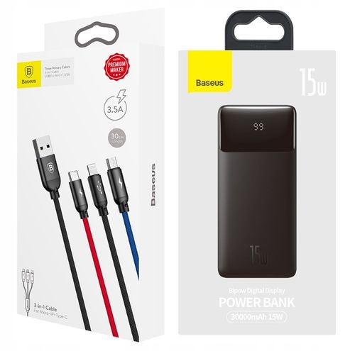 POJEMNY POWERBANK BASEUS 30000MAH PD 15W KABEL 3w1 DO LIGHTNING USB-C MICRO na Arena.pl