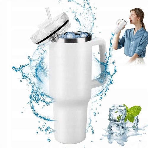 DUŻY KUBEK TERMICZNY Z UCHWYTEM I SŁOMKĄ TERMOS DUŻY 1200ML BIAŁY na Arena.pl