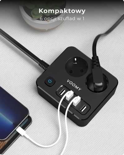 Voomy S2 6-w-1 Listwa Zasilająca: 2x Gniazda, 4x USB 3.1A, 4000W, 2m Kabel na Arena.pl