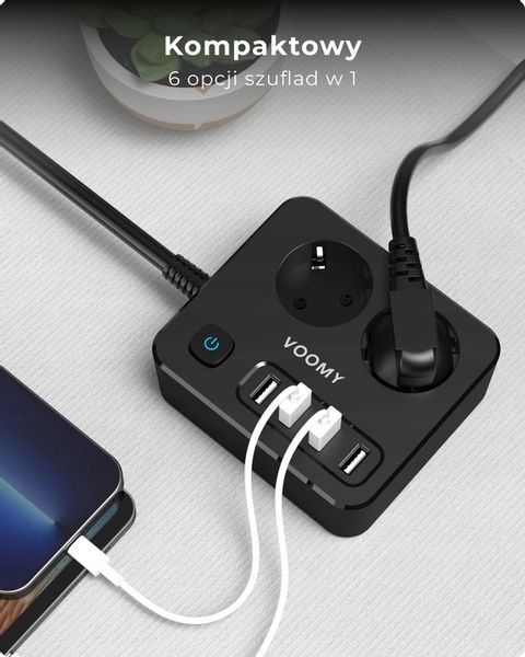 Voomy S2 6-w-1 Listwa Zasilająca: 2x Gniazda, 4x USB 3.1A, 4000W, 2m Kabel zdjęcie 2