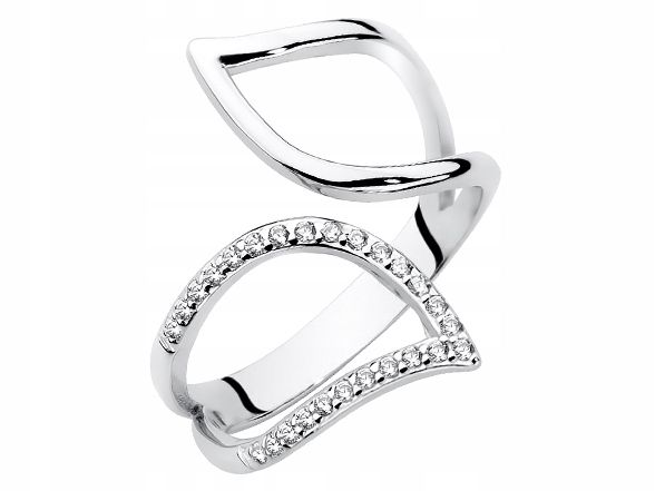 Srebrny Liść Szeroki Pierścionek Listek z Cyrkoniami Srebro 925 Rodowany zdjęcie 1