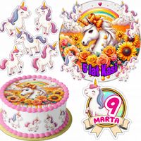 ZESTAW OPŁATEK NA TORT 20CM + 16 POSTACI - JEDNOROŻEC + IMIĘ 15CM 18CM