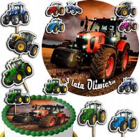 ZESTAW OPŁATEK NA TORT 20CM + TOPPERY PAPIEROWE - CIĄGNIK 15CM 18CM