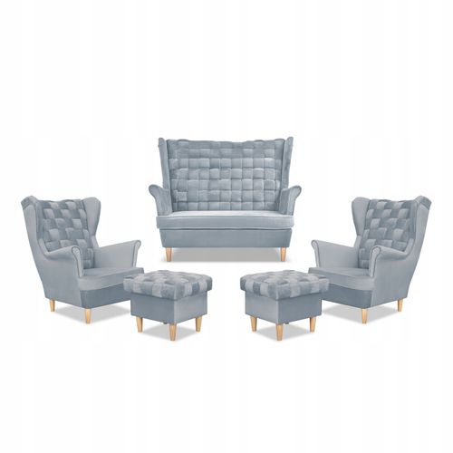 Zestaw wypoczynkowy Carol sofa fotele pufy paski błękitny na Arena.pl