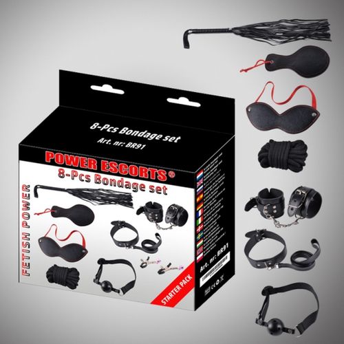 bondage set 8 pcs black cuffs / collar/ mask/ whipp/ clamps/rope etc na Arena.pl