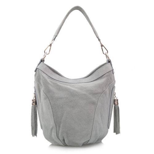 VERA PELLE torebka zamszowa worek z frędzelkami i paskiem V322 j.szara na Arena.pl