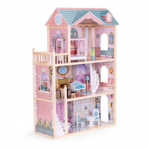DOMEK DLA LALEK 3 POZIOMOWY ZESTAW 11 DREWNIANYCH MEBELKÓW na Arena.pl