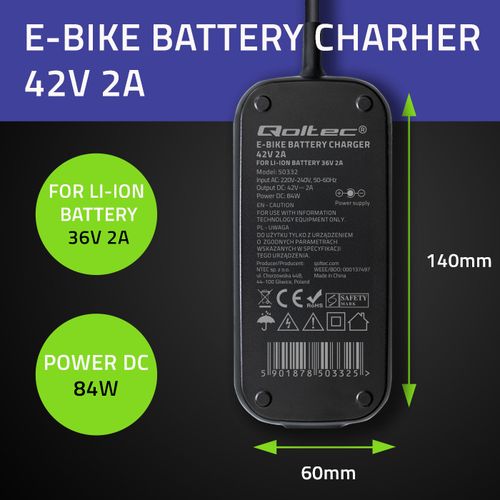 Qoltec Ładowarka e-bike 42V 2A, wodoodporna, CE na Arena.pl