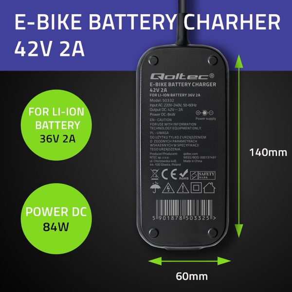 Qoltec Ładowarka e-bike 42V 2A, wodoodporna, CE zdjęcie 3