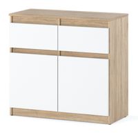 Komoda Biała Z Drewnem 2 Szuflady Oleksa 80cm Pojemna Szafka Rtv Dąb Sonoma