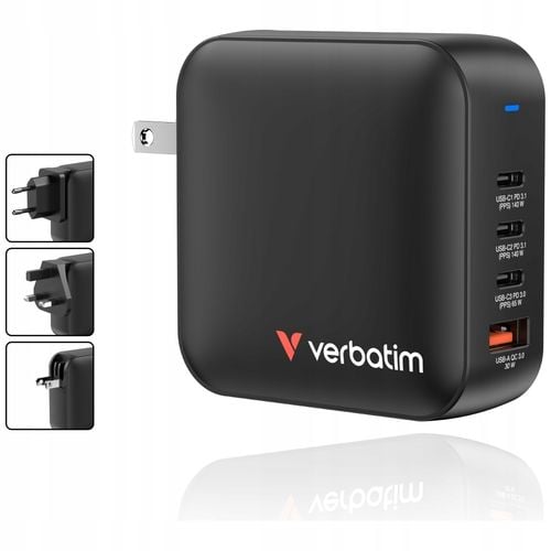 Ładowarka ścienna Verbatim Mini GaN 165W 3xUSB-C PD 1xUSB-A QC 3.0 na Arena.pl