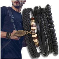 Zestaw męskich bransoletek skórzanych z koralikami i zawieszką