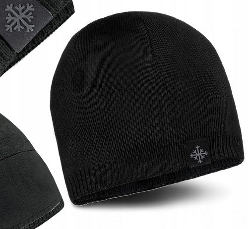 CZAPKA MĘSKA zimowa CIEPŁA DWUWARSTWOWA na POLARZE OCIEPLANA klasyk CZARNA na Arena.pl