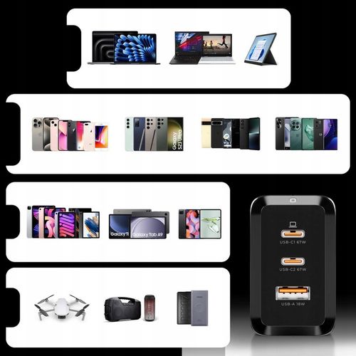 ŁADOWARKA USB C 3x USB 67W 65W TYP C UNIWERSALNA CZARNA + KABEL USB C 100W na Arena.pl