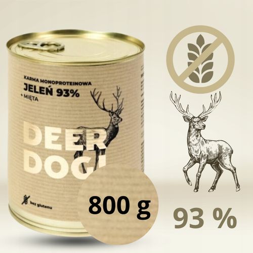 Mokra karma dla psa Deer Dog JELEŃ + MIĘTA puszka 800 G PREMIUM 93% MIĘSA na Arena.pl