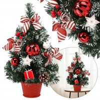 MAŁA Sztuczna choinka OŚNIEŻONA, biało-czerwona w doniczce UDEKOROWANA 40cm