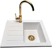 Zlewozmywak jednokomorowy z ociekaczem ARAGON biały z lewym ociekaczem + bateria złota