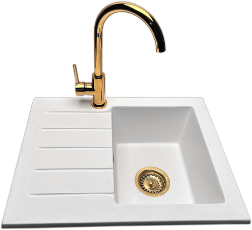 Zlewozmywak jednokomorowy z ociekaczem ARAGON biały z lewym ociekaczem + bateria złota na Arena.pl