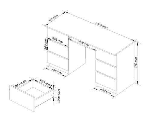 BIURKO KOMPUTEROWE A-11 135 cm 6 SZUFLAD BIAŁE na Arena.pl
