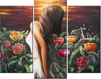 90CM 70 ZEGAR 3 ELEM KOBIETA WŚRÓD KWIATÓW SCIENNY DRUK