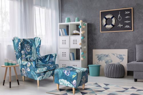 Fotel uszak ARI PRINT z podnóżkiem skandynawski  patchwork na Arena.pl