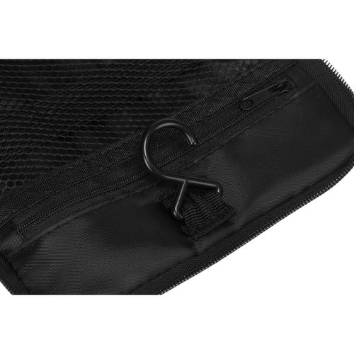 syntetyczna kosmetyczka podróżna w czarnym kolorze z haczykiem zamykana na Arena.pl