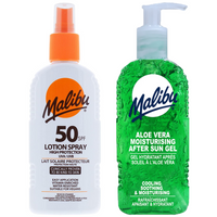 Malibu SPF50 Wodoodporny Spray 200ml + Aloe Żel Po Opalaniu 200ml