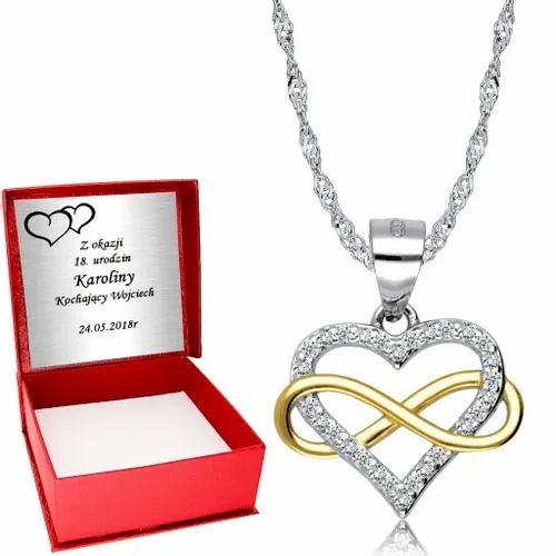 Srebrny Łańcuszek 925 Złota Nieskończoność Serce Na Dzień Kobiet Grawer na Arena.pl