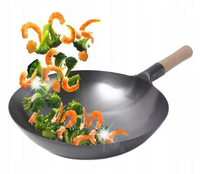 Chińska Patelnia Kuta Stal Węglowa Wok Stalowy Uchwyt z Drewna 14" 35cm