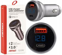 Ładowarka samochodowa 38W z woltomierzem USB + USB-C do auta samochodu