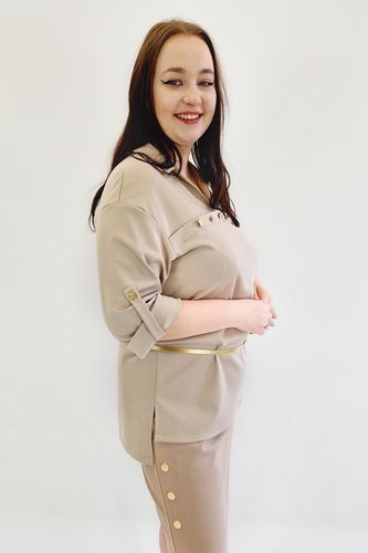 Elegancka Bluzka z Kołnierzykiem i Złotym Paskiem Beżowa 40 na Arena.pl