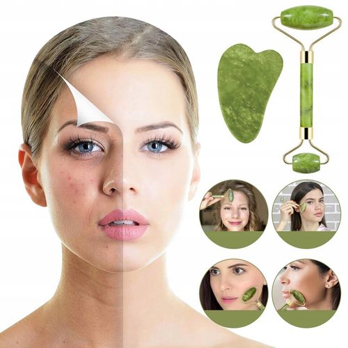 3w1 Masażer do twarzy KAMIEŃ GUA SHA z jadeitu zestaw roller wałek masażu na Arena.pl
