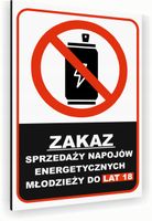 Tabliczka znak informacyjny 40x30 Biała ZAKAZ SPRZEDAŻY ENERGETYKÓW