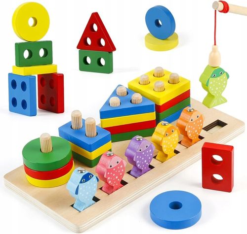 V4 ŁOWIENIE RYBEK SORTER DREWNIANY UKŁADANKA FIGURY 4 WIEŻE WĘDKA RYBKI 2w1 na Arena.pl