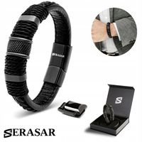 SERASAR, Męska Skórzana Bransoletka [Ring] Czarna, 23cm