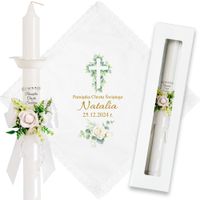 Zestaw Do Chrztu Na Chrzest Świeca Szatka Pudełko Okapnik Kwiaty